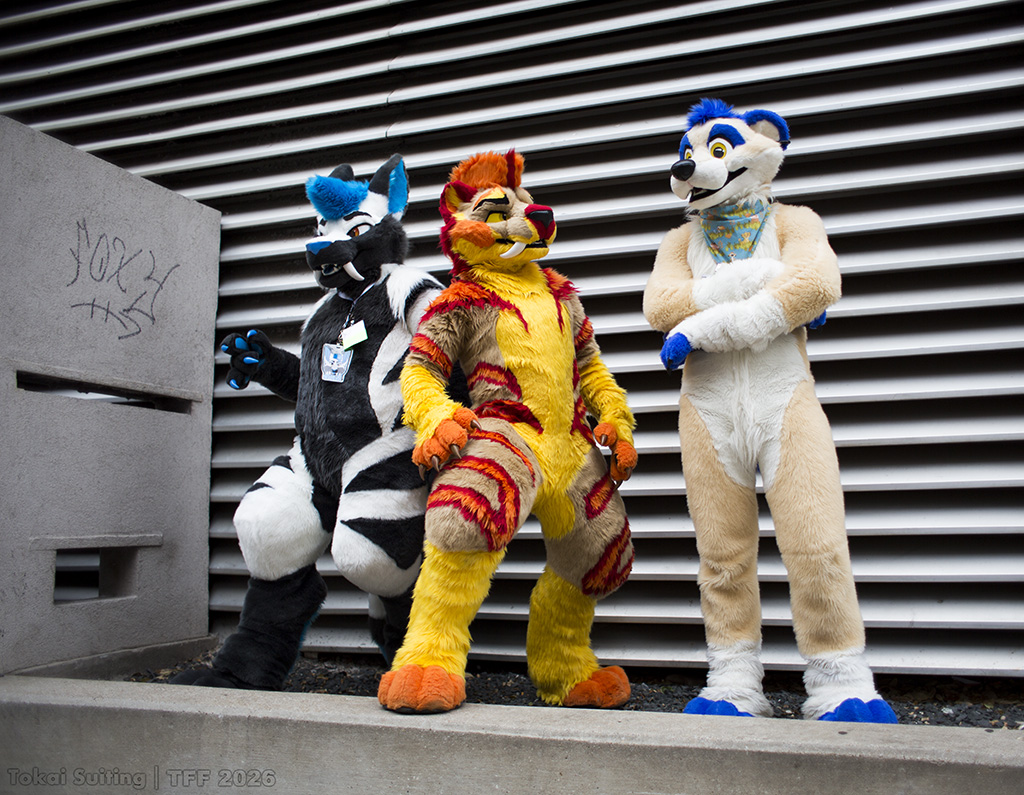 Group photo from Texas Furry Fiesta, or TFF, 2026, of fursuiters from the fursuit maker Tokai Suiting.